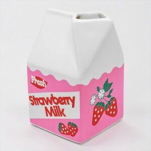 ban.do Strawberry Milk Carton Vase Ceramic Pink Novelty Kawaii Decor NWOT